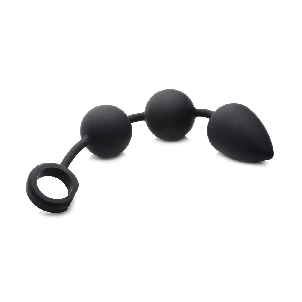 Tom of Finland weighted anal beads: black silicone toy with two spherical beads, a tapered tip, and a finger loop.