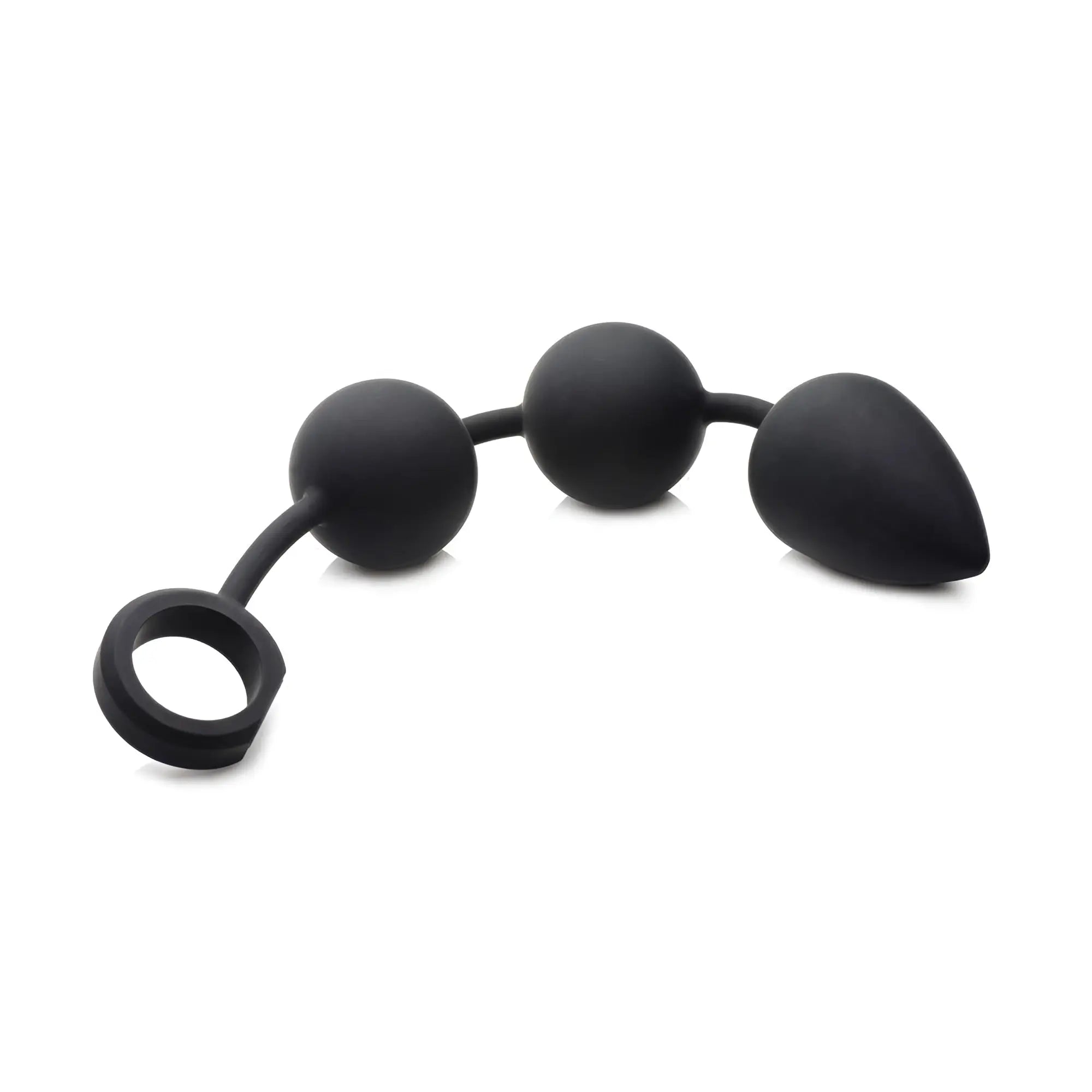 Tom of Finland weighted anal beads: black silicone toy with two spherical beads, a tapered tip, and a finger loop.