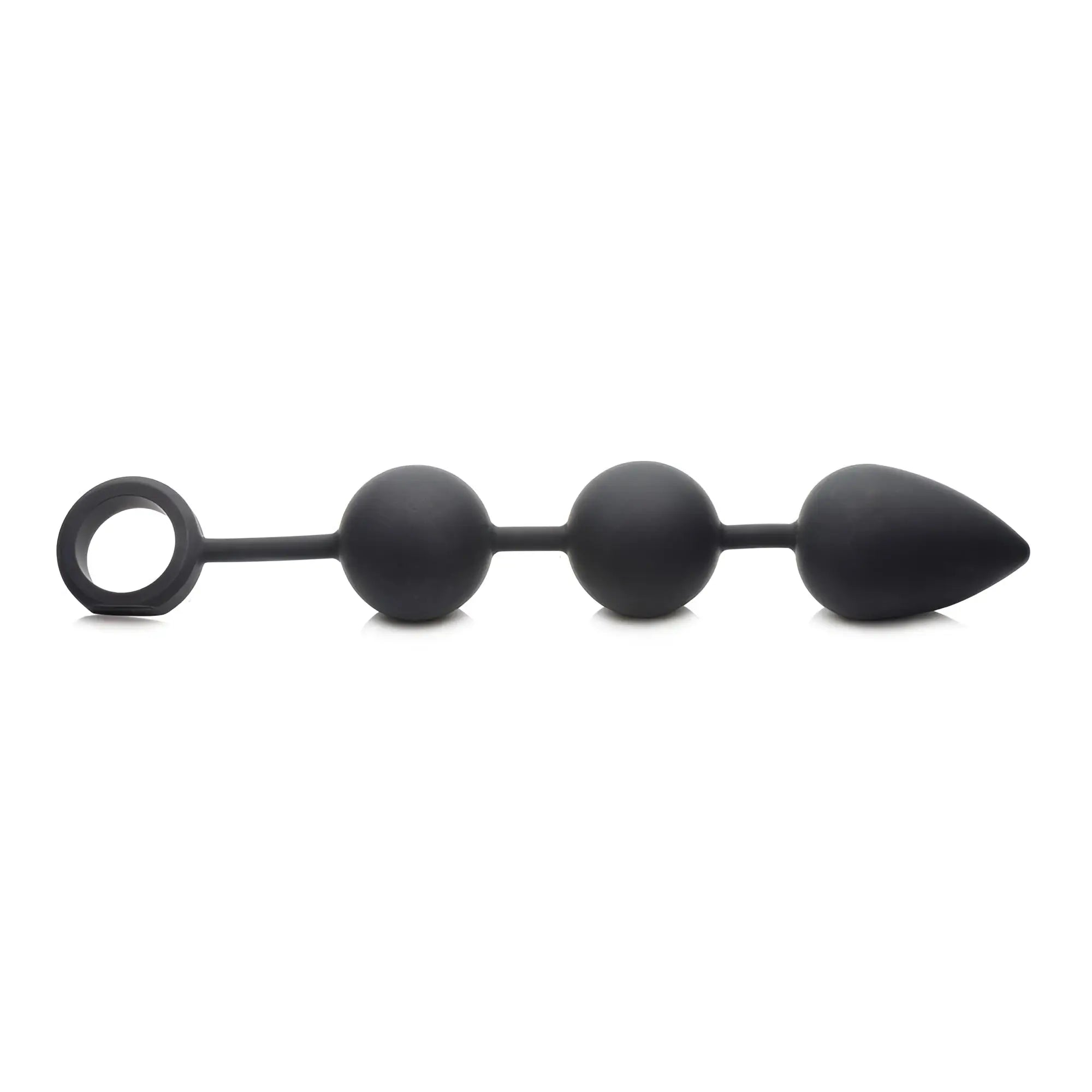 Tom of Finland weighted anal beads in matte black, featuring three rounded beads, a teardrop end, and a pull ring.