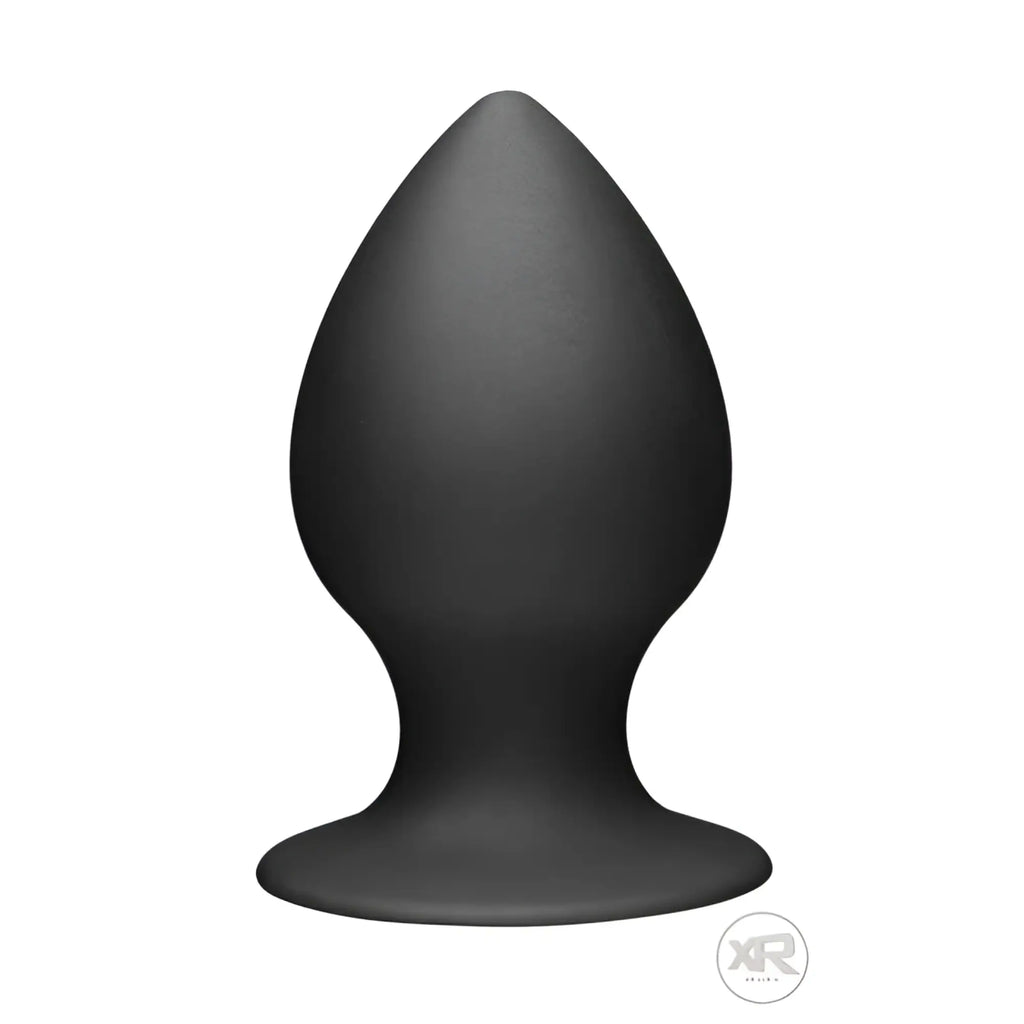 Tom of Finland XL silicone anal plug, a smooth, matte black tapered plug with a flared base on a plain background.