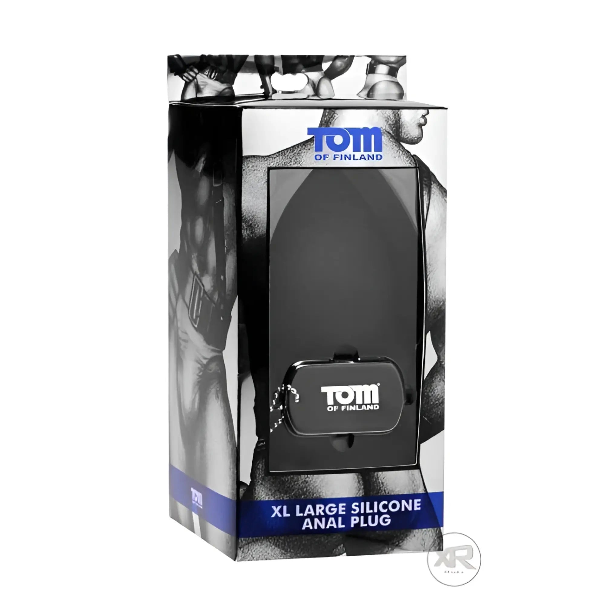 Tom of Finland XL silicone anal plug in black packaging featuring iconic Tom of Finland illustrations.