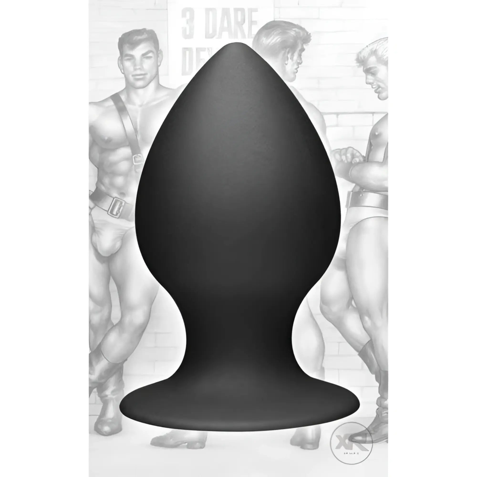 Tom of Finland XL matte black silicone anal plug shown in front of a monochromatic Tom of Finland illustration.