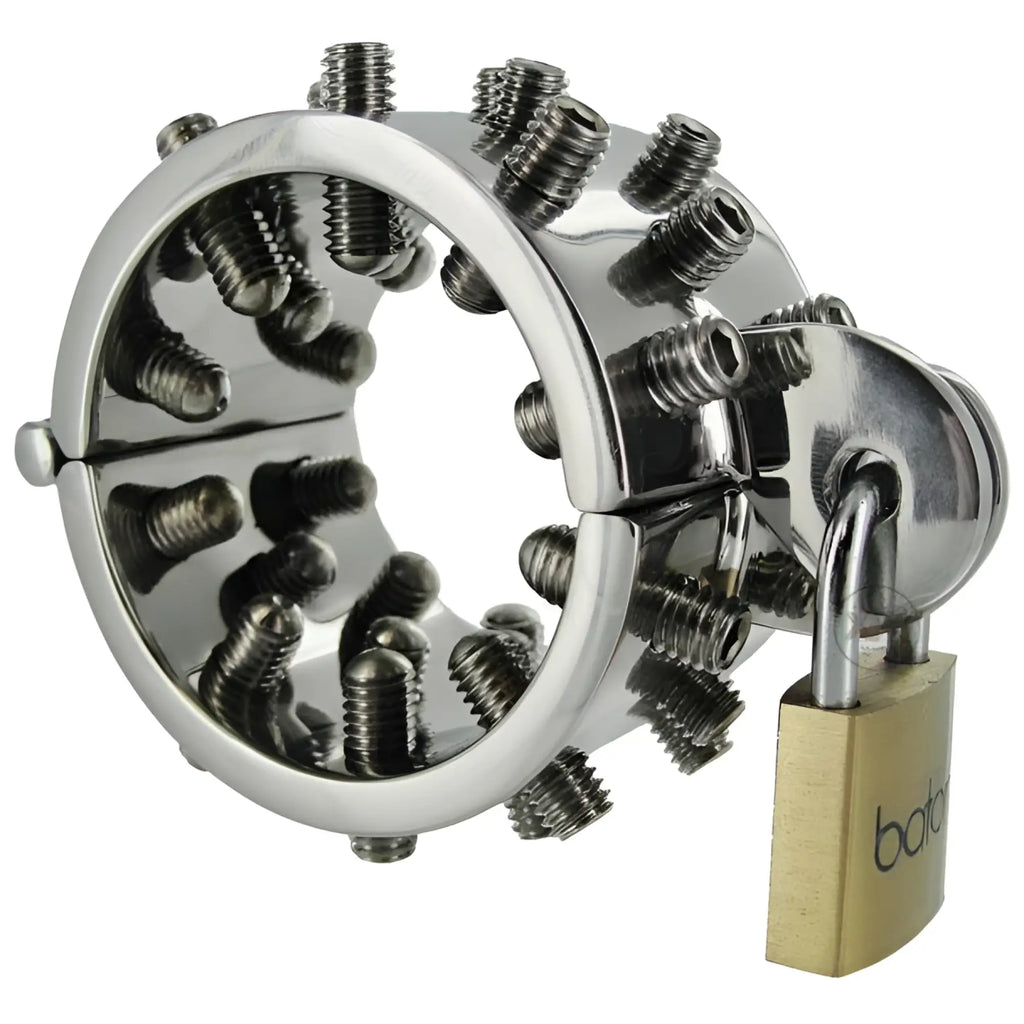 Shiny chrome metal chastity ring with multiple threaded bolts and matching padlock in stainless steel cbt device