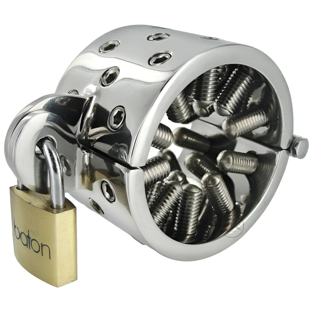 Shiny chrome metal chastity ring with multiple screws and balon brass padlock in toms blunt spikes stainless steel cbt device
