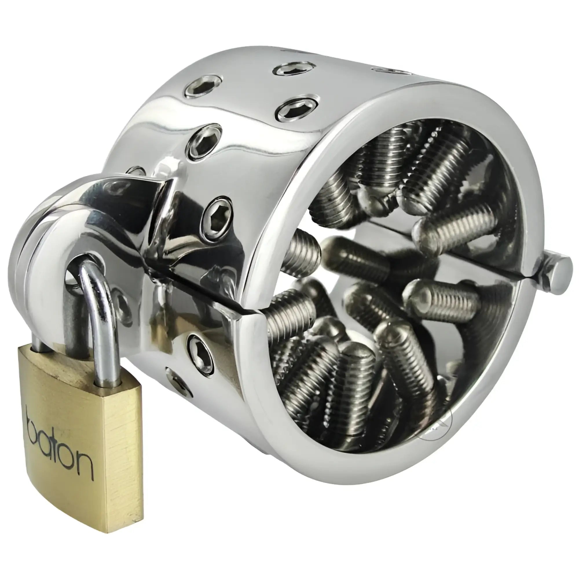 Shiny chrome metal chastity ring with multiple screws and balon brass padlock in toms blunt spikes stainless steel cbt device