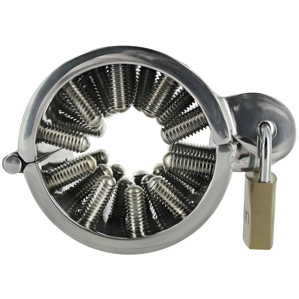 Shiny chrome plated toms blunt spikes stainless steel cbt device with multiple threaded rods and attached padlock