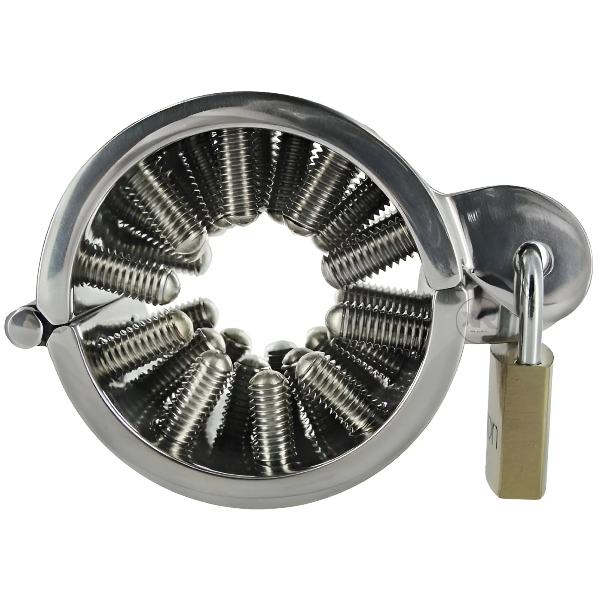 Shiny chrome plated toms blunt spikes stainless steel cbt device with multiple threaded rods and attached padlock