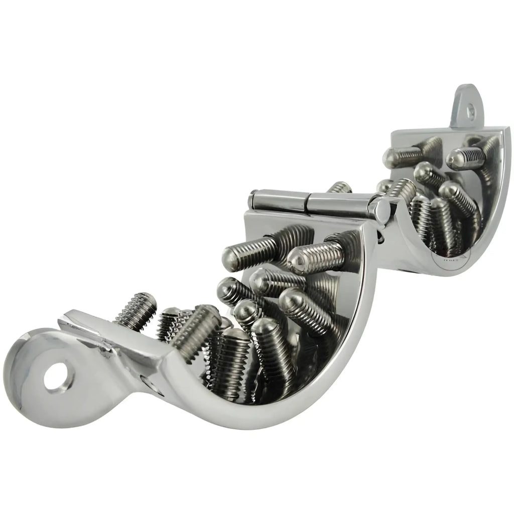 Shiny chrome-plated metal hinge with curved u-shaped design and silver screws for toms blunt spikes stainless steel cbt device