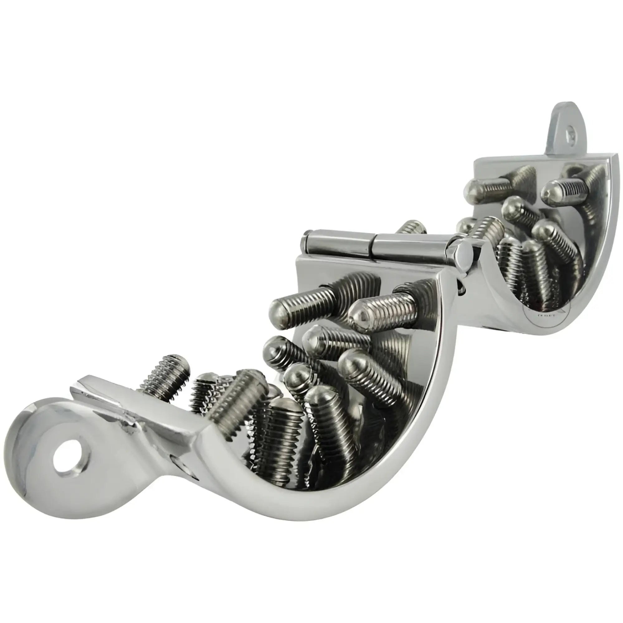 Shiny chrome-plated metal hinge with curved u-shaped design and silver screws for toms blunt spikes stainless steel cbt device