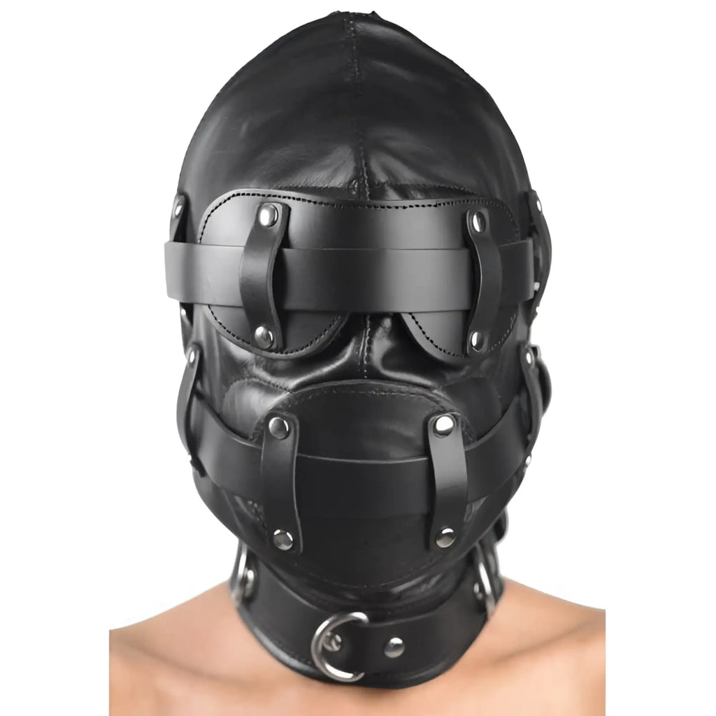 Black leather gag mask total lock down leather hood with metal hardware and adjustable straps for secure fit