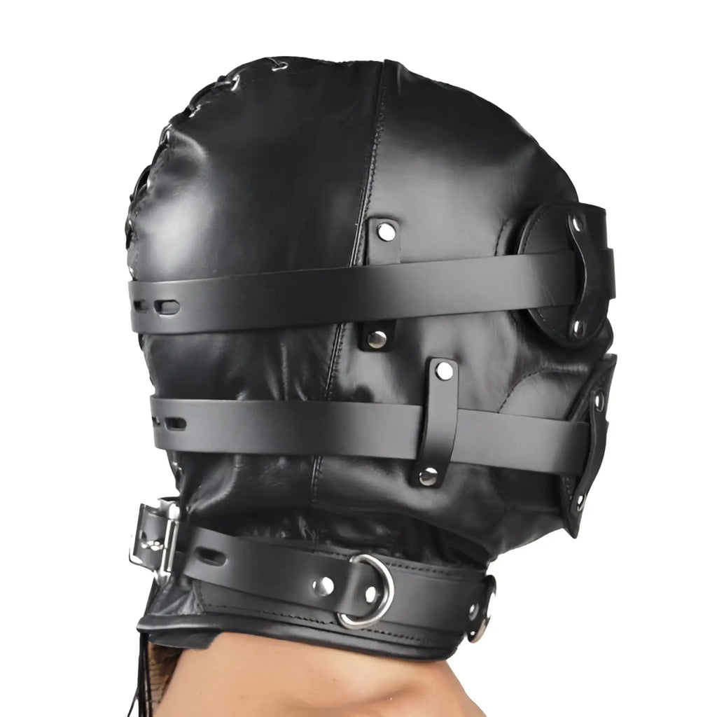 Black leather head restraint with adjustable straps and metal buckles for the total lock down leather hood