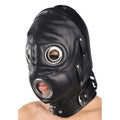 The total lock down leather hood is a black leather hooded mask with circular metal eye and mouth openings