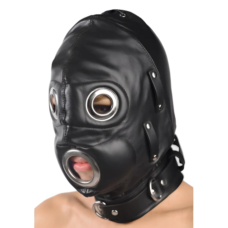 The total lock down leather hood is a black leather hooded mask with circular metal eye and mouth openings