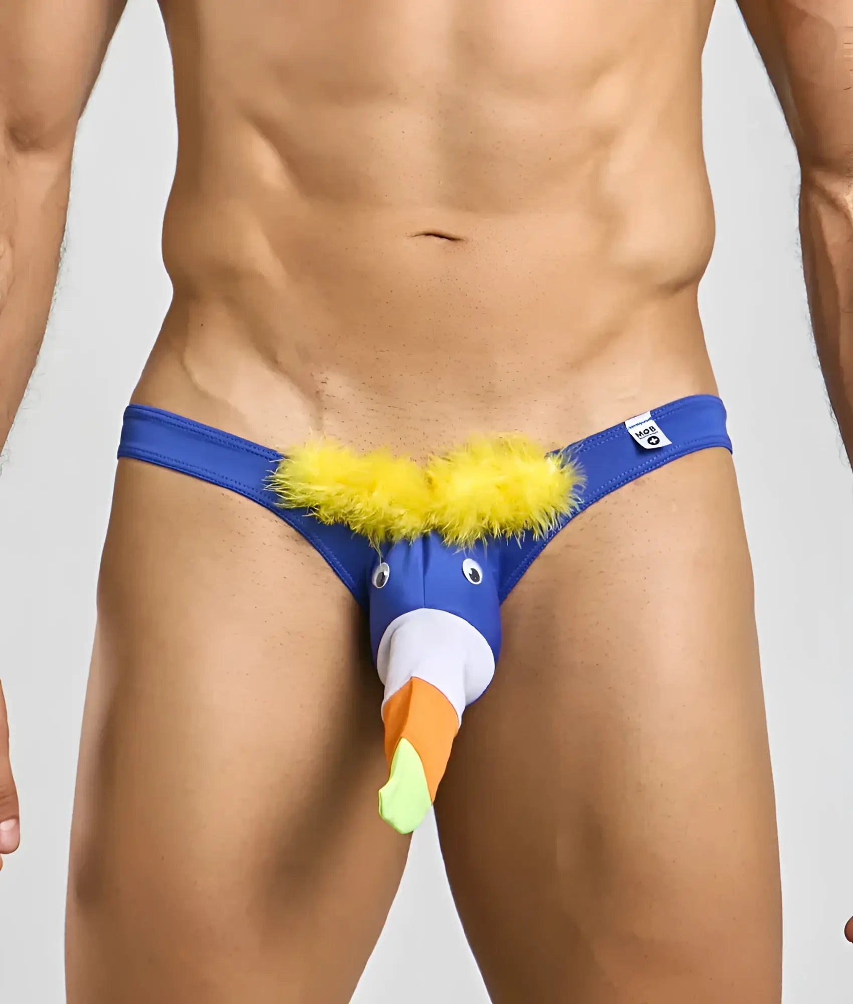 Toucan bikini for men blue toucan-themed thong with yellow feathered crest and orange and green beak detail
