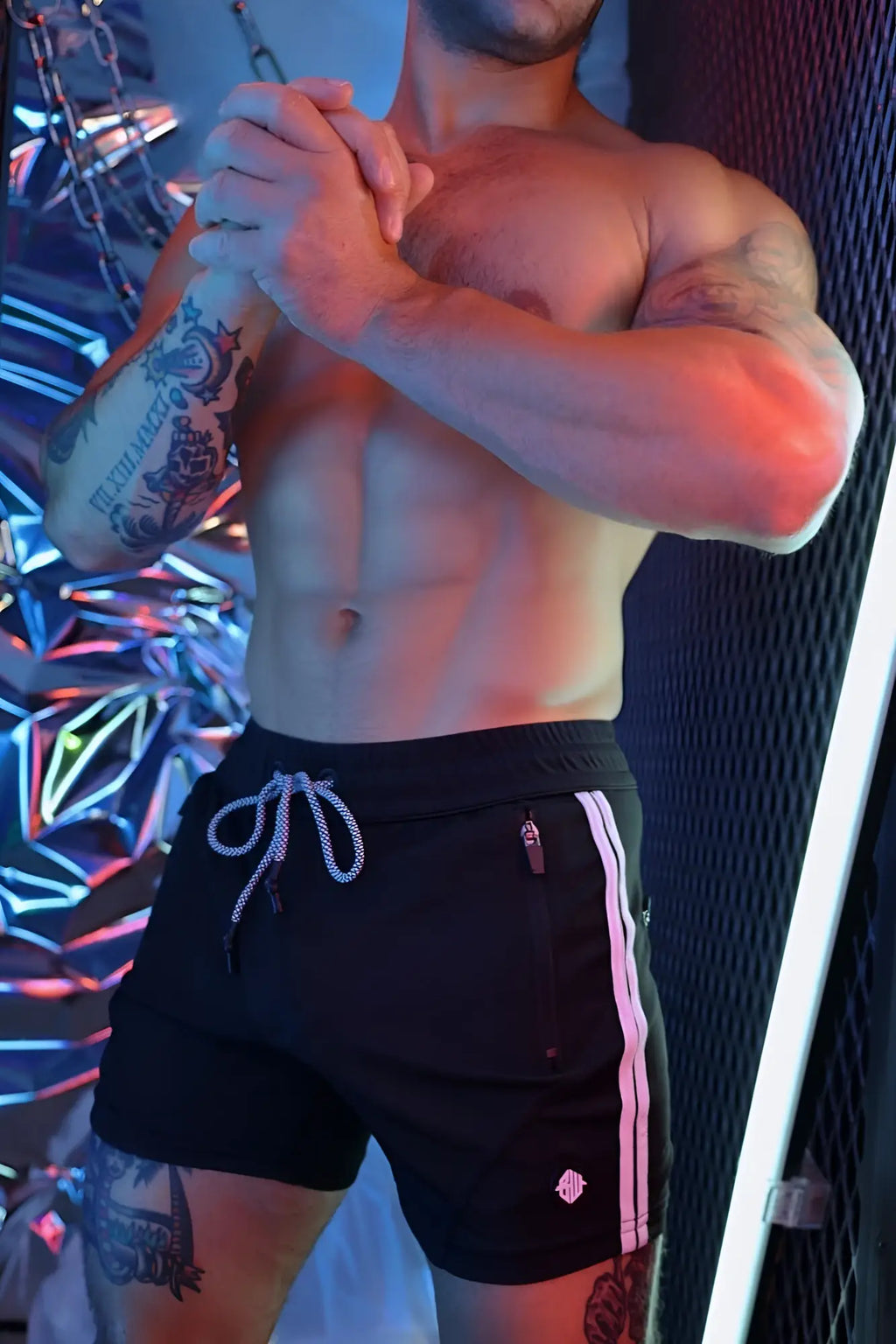 Trade trainer shorts black athletic shorts with white drawstring and pink side stripes for training use