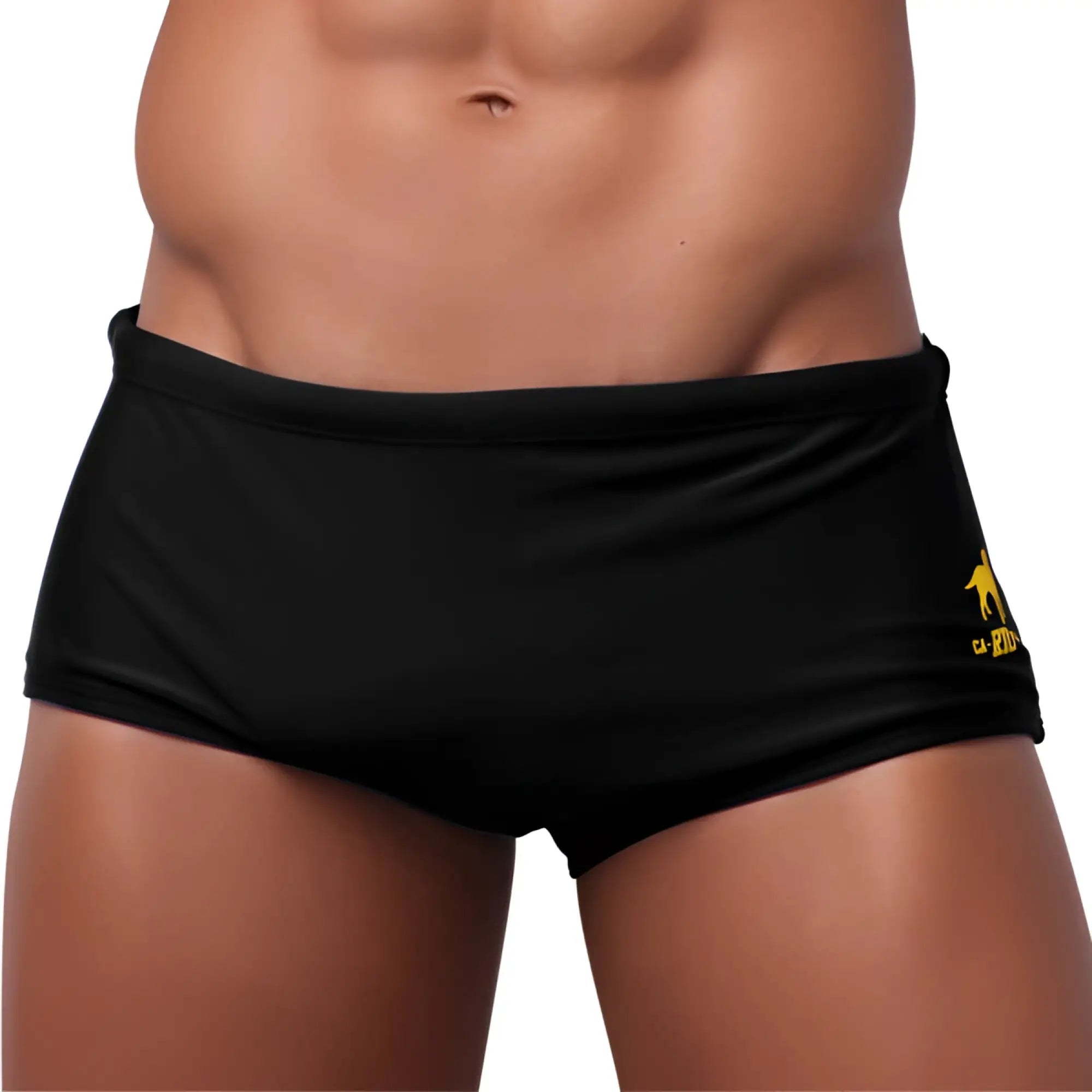 Black traditional square solids cut sunga swim trunks with yellow logo on the side for male bathing suit use