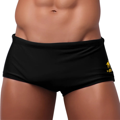 Black traditional square solids cut sunga swim trunks with yellow logo on the side for male bathing suit use