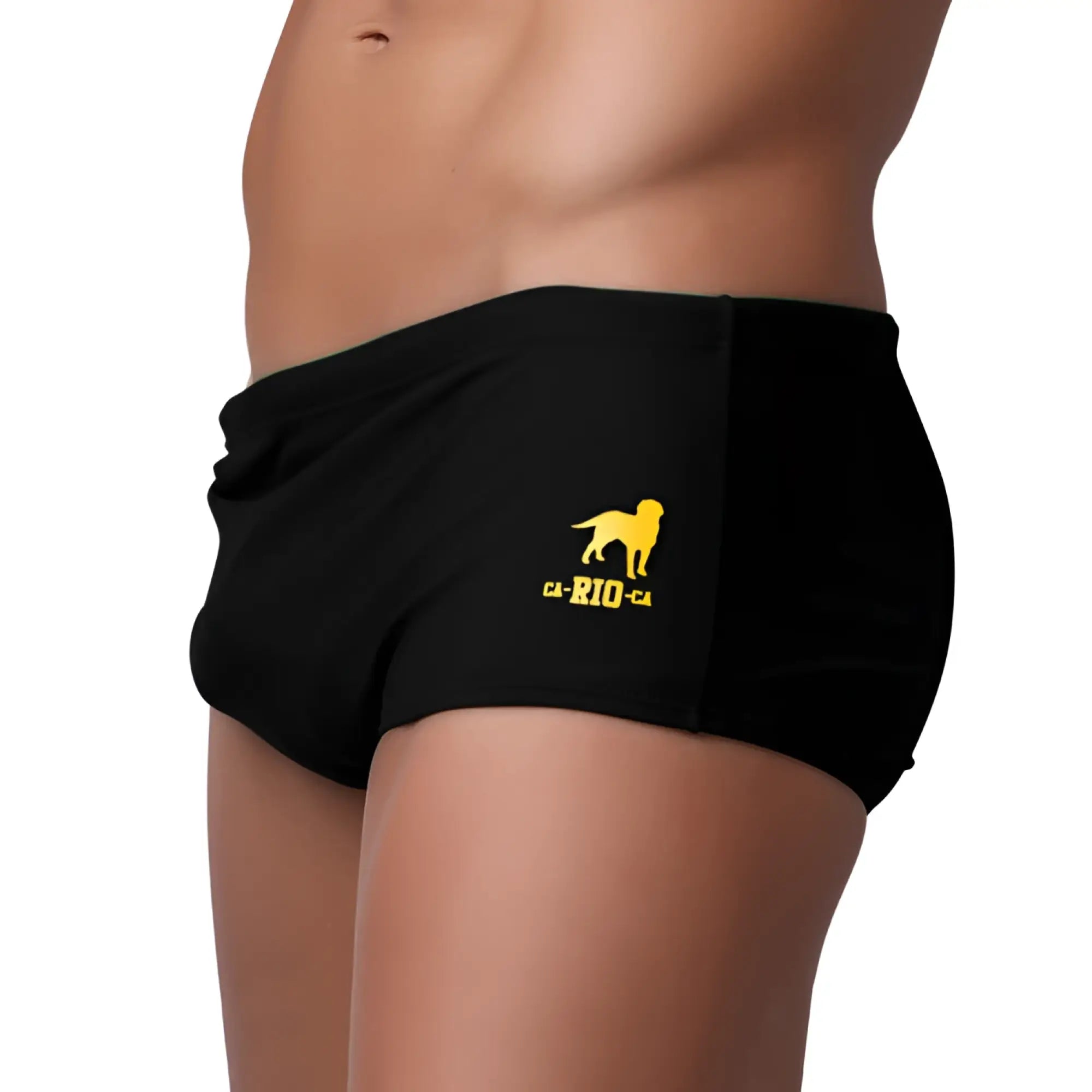 Black traditional square solids cut sunga swim trunks with yellow dog silhouette and ca-rio-ca text on left leg