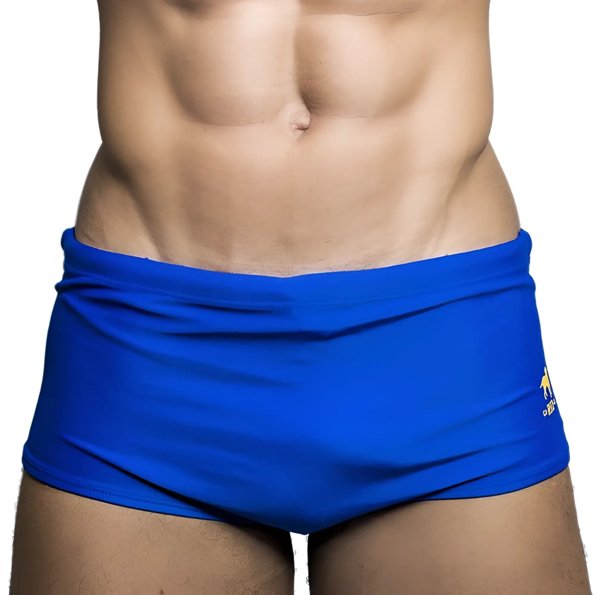 Bright blue traditional square solids cut sunga male swim trunks with small yellow logo on the side