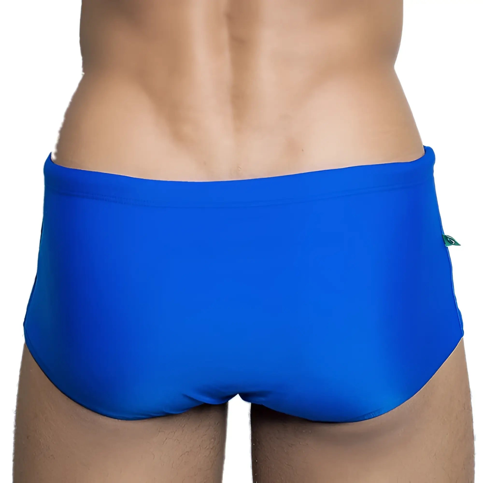 Traditional square solids cut sunga male bathing suit in bright blue smooth fabric with a small green logo on the side