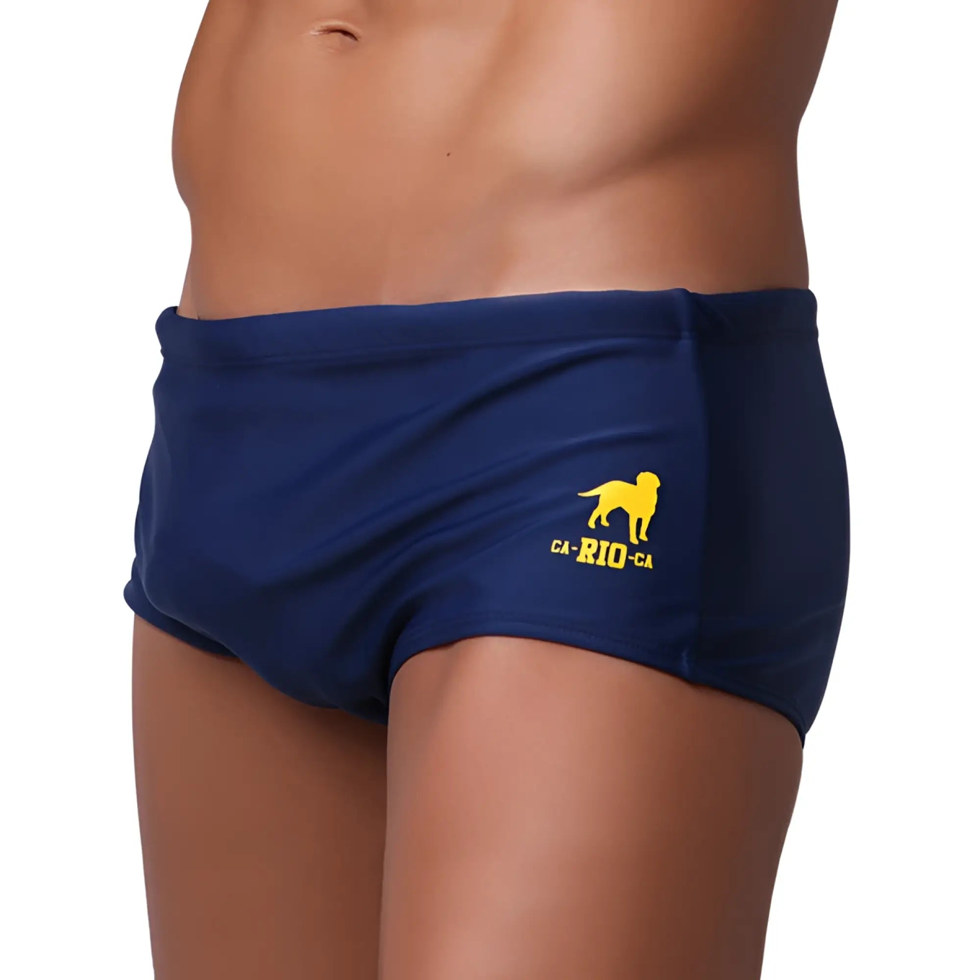 Navy blue traditional square solids cut sunga male bathing suit with yellow dog logo and ca-rio-ca text on the side