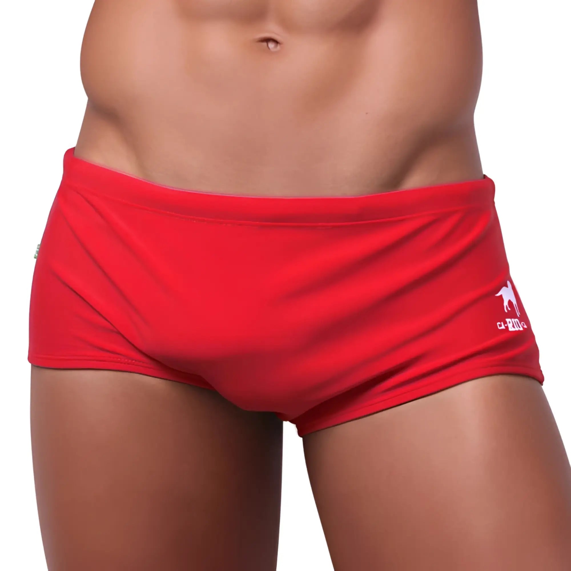 Red men’s traditional square solids cut sunga swim trunks with white logo on the side for male bathing suit use