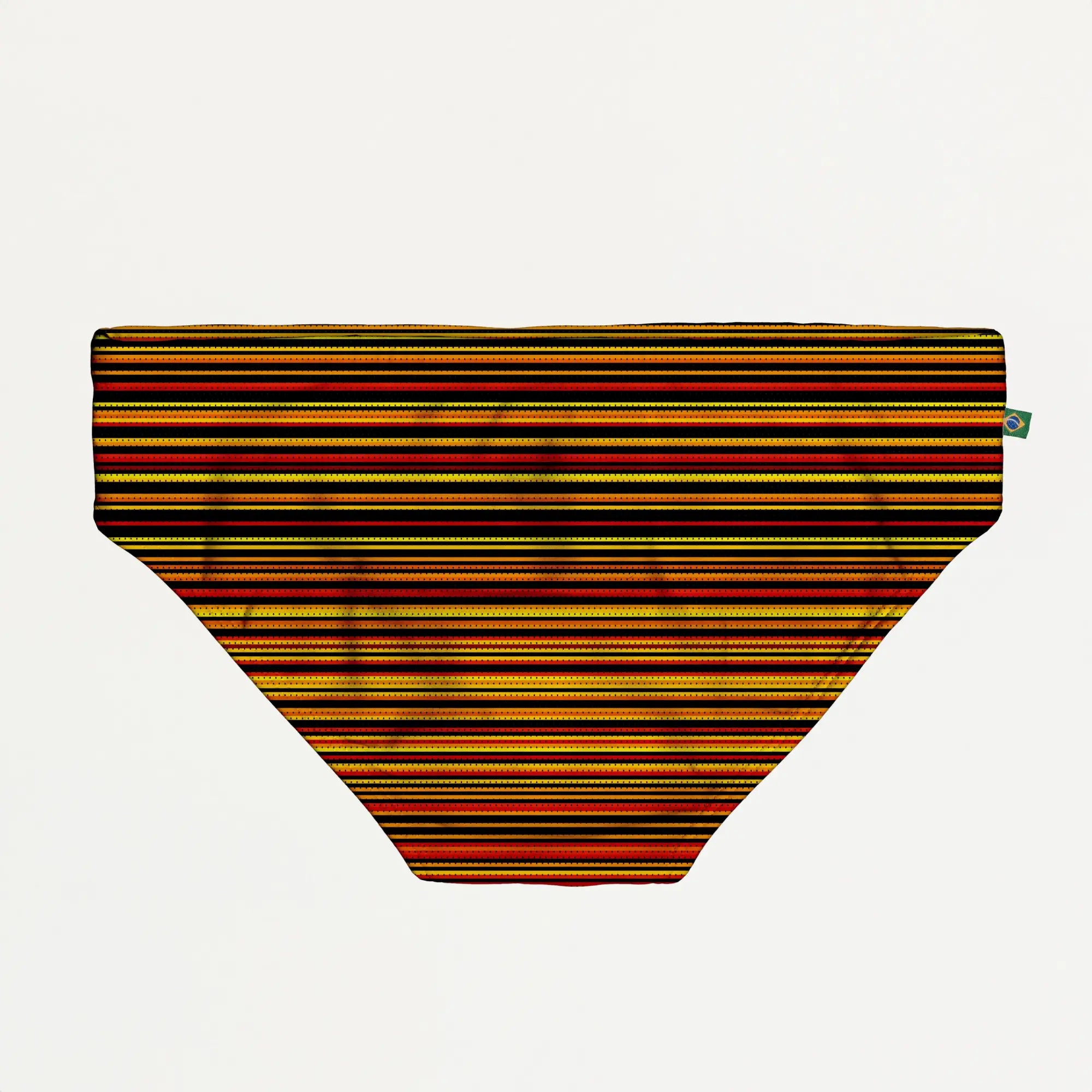 A pair of trancoso superfit sunga men’s designer bikini bottoms with bold orange red and black horizontal stripes and textured pattern