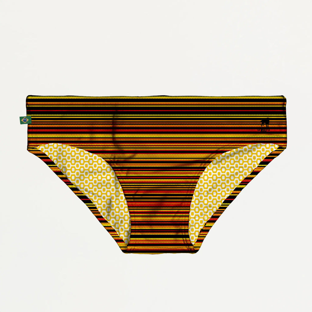 Vibrant striped trancoso superfit sunga men’s designer swimwear with bold orange yellow black bands