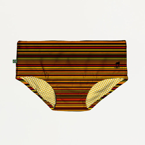 Trancoso Superfit Sunga men’s swimwear featuring vibrant striped swim trunks in bold orange red and yellow