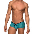 Teal and black zebra-striped men’s briefs with black elastic waistband tranquil abyss micro mini short seafoam blk small