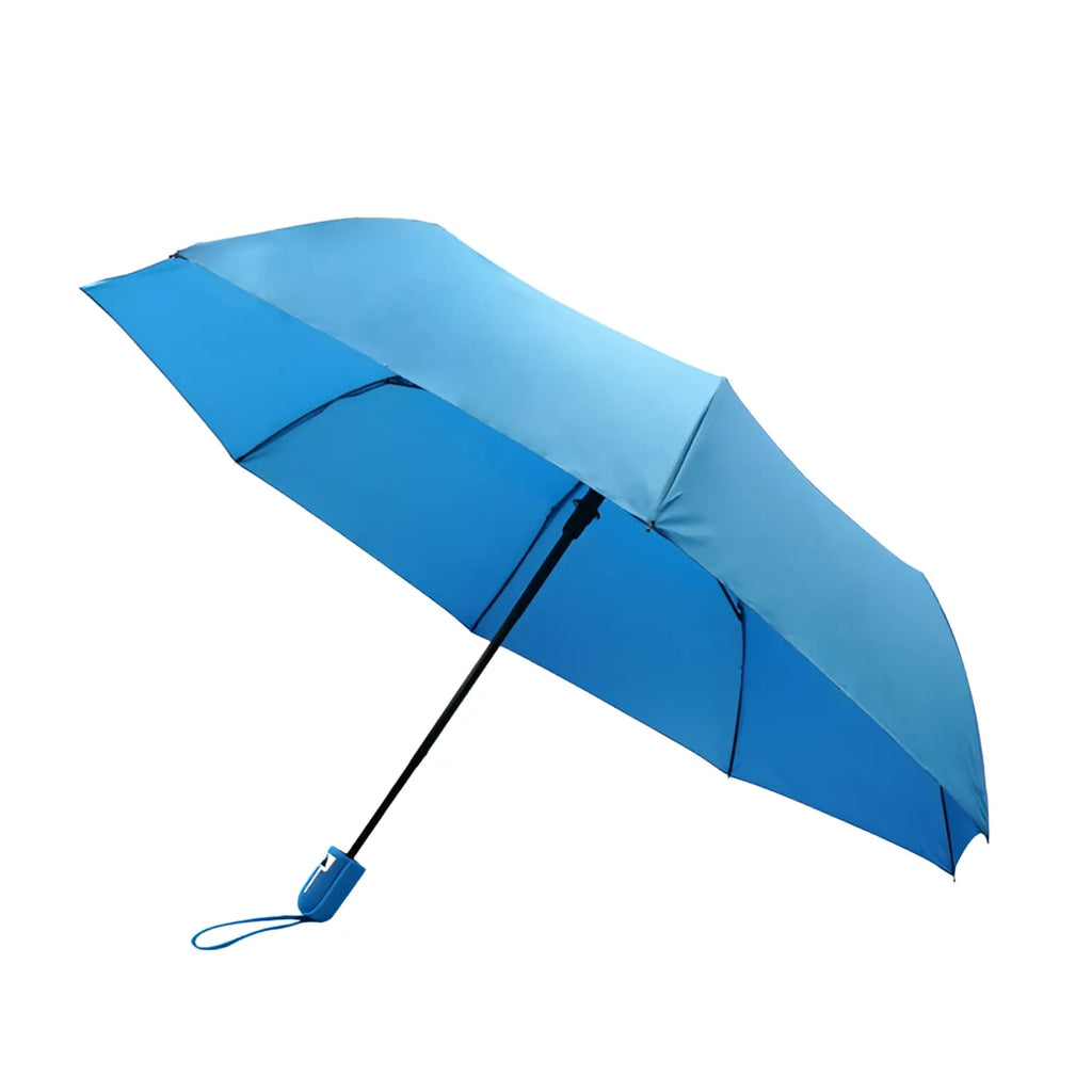 Travel umbrella with blue compact canopy, sleek black handle, and matching blue grip for easy portability