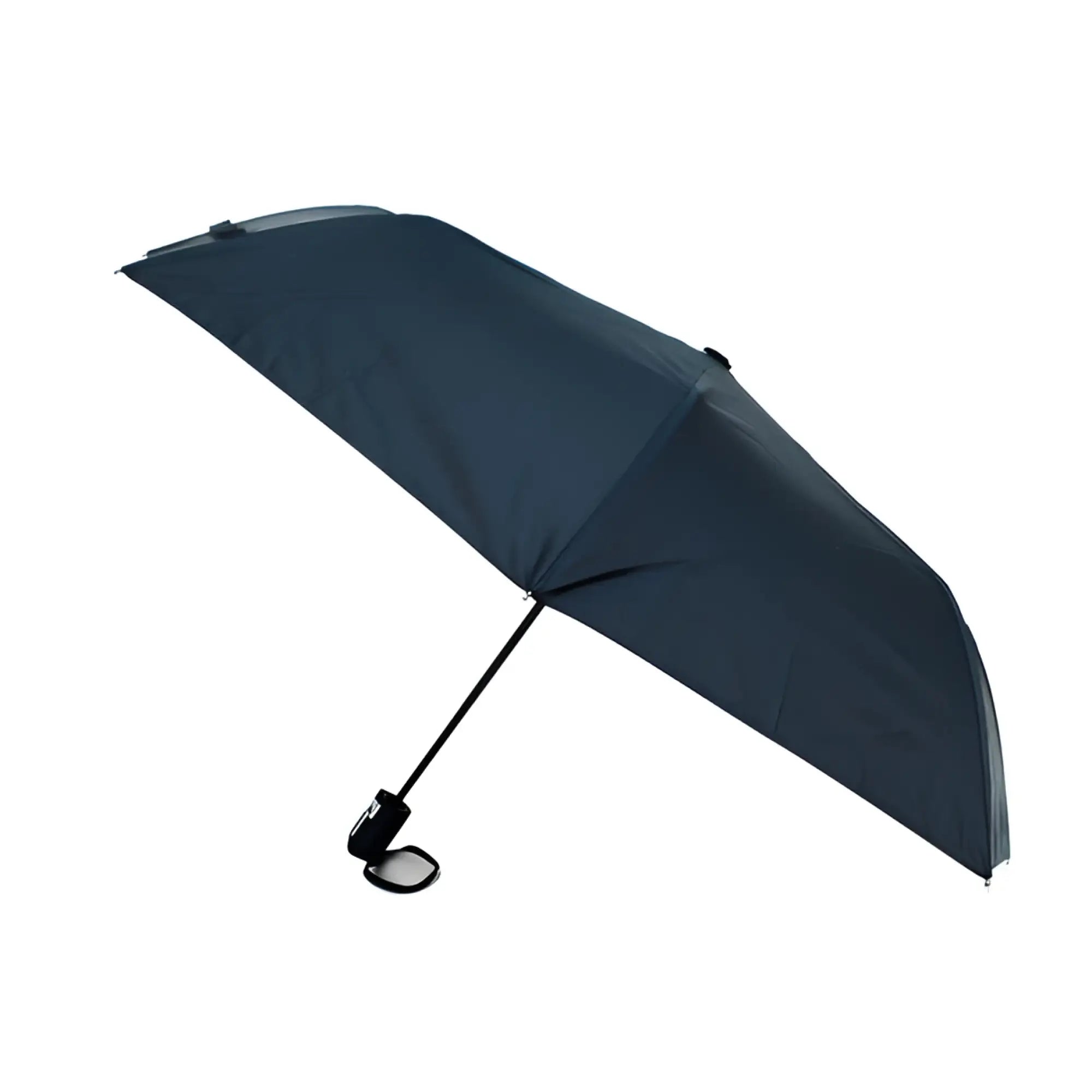 Dark navy travel umbrella with foldable design, sleek black handle, and clip for easy carrying and storage