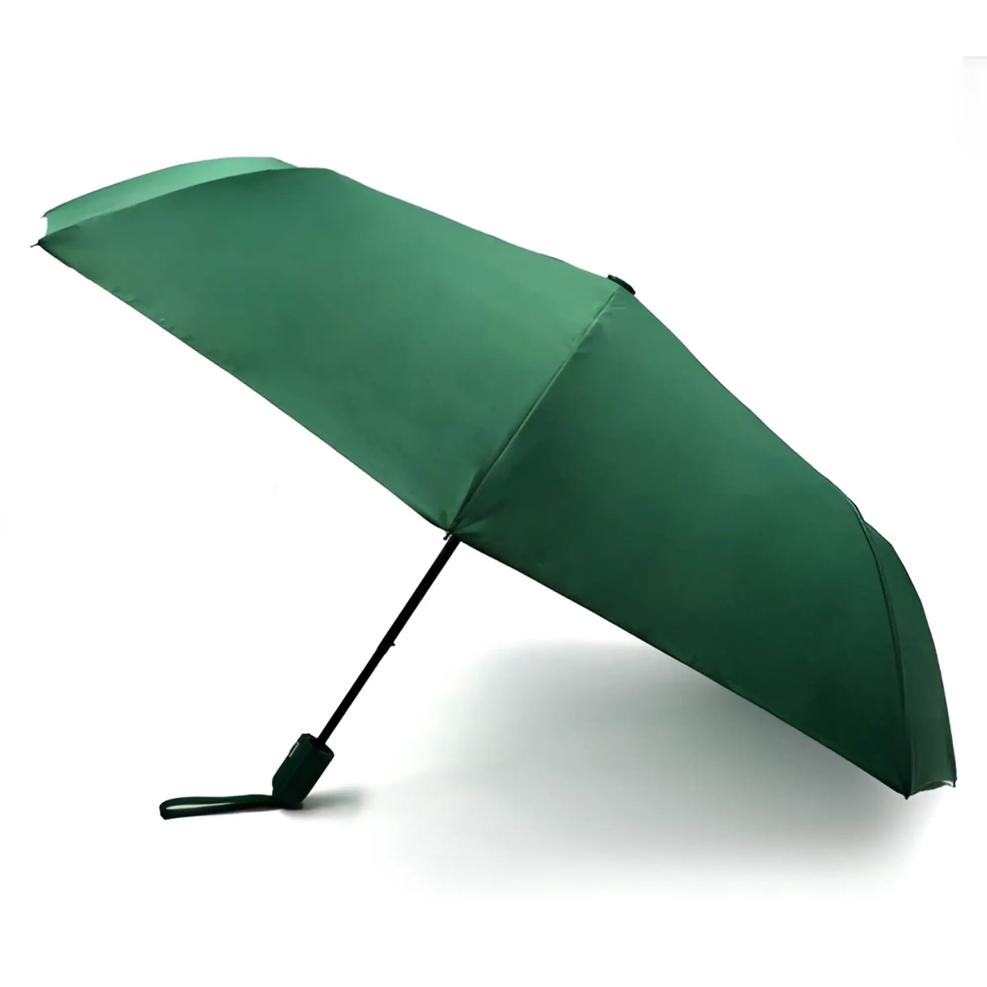 A sleek dark green compact travel umbrella with a black handle and grip for easy portability and use