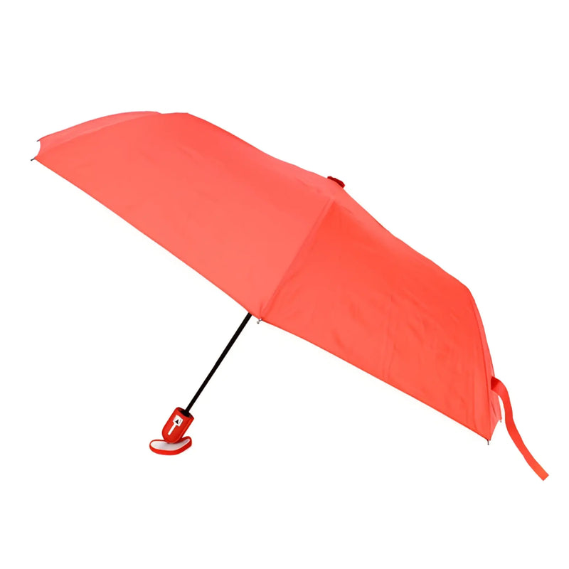 A vibrant coral compact travel umbrella with a sleek black handle and red clip-on base for easy portability
