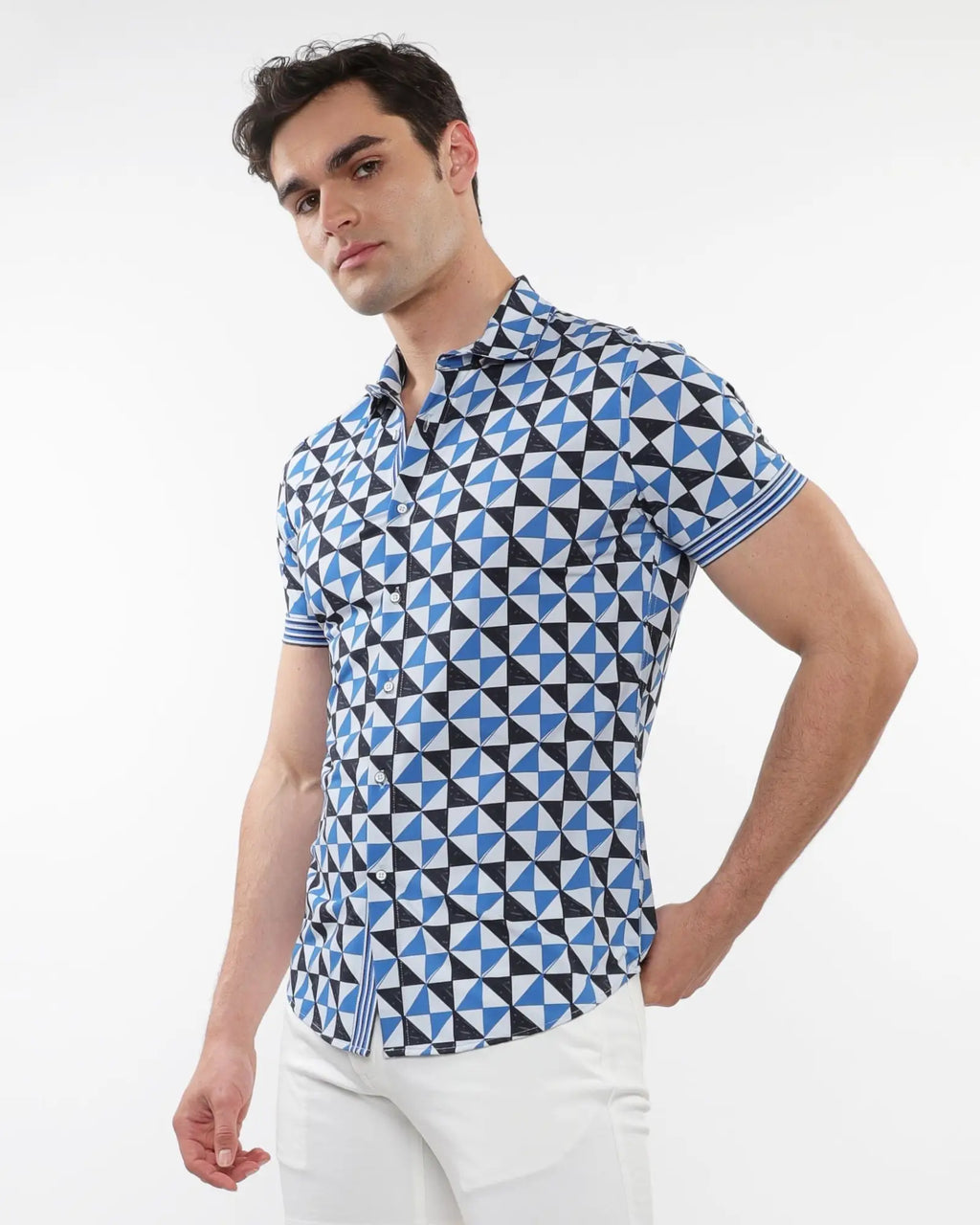 Blue and black geometric-patterned short-sleeved performance shirt with striped cuffs for casual wear