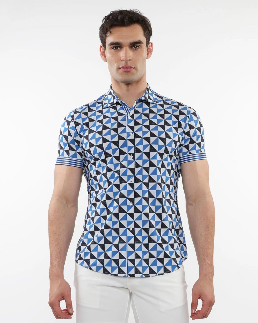 Triangle printed performance short sleeve shirt in blue and black geometric pattern with striped cuffs