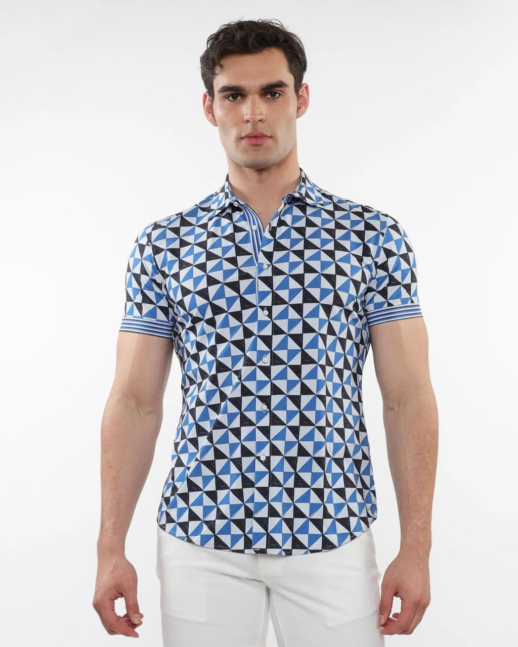 Blue and black geometric patterned triangles printed performance short sleeve shirt with striped cuffs