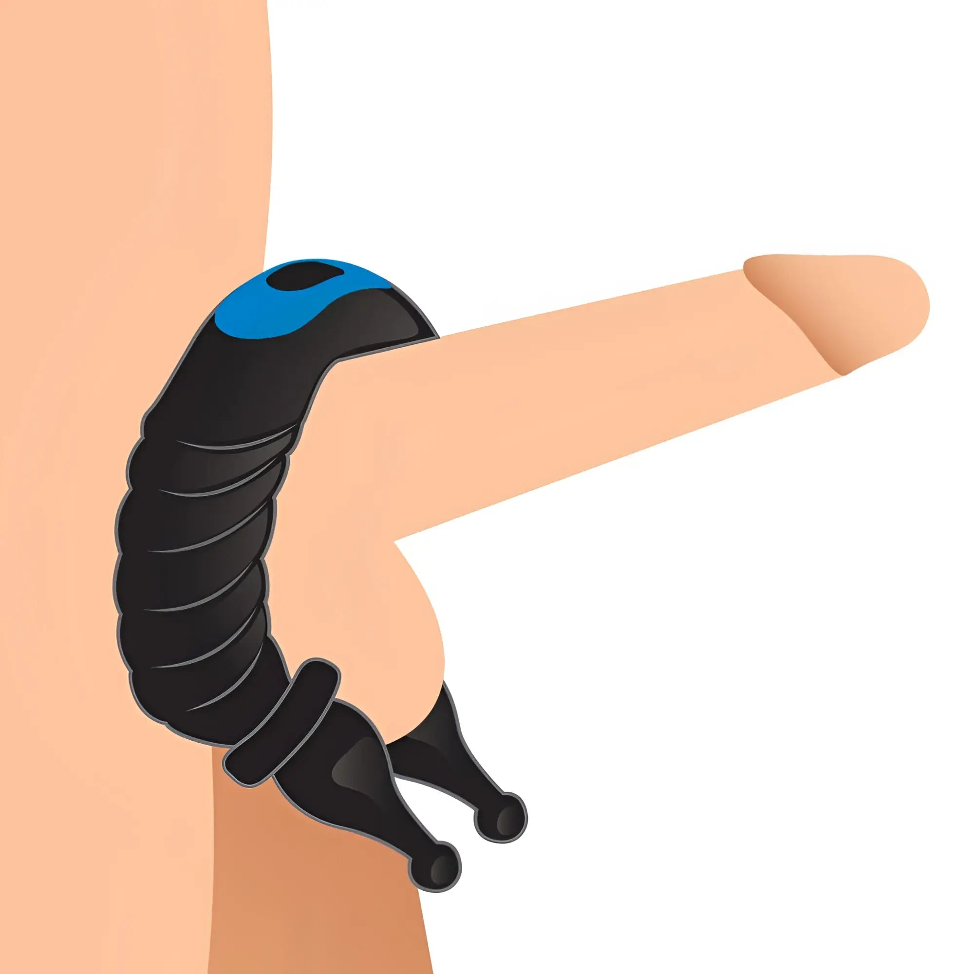 Trinity Men 10X Cobra black and blue silicone dual stimulation cock ring shown worn on anatomy.