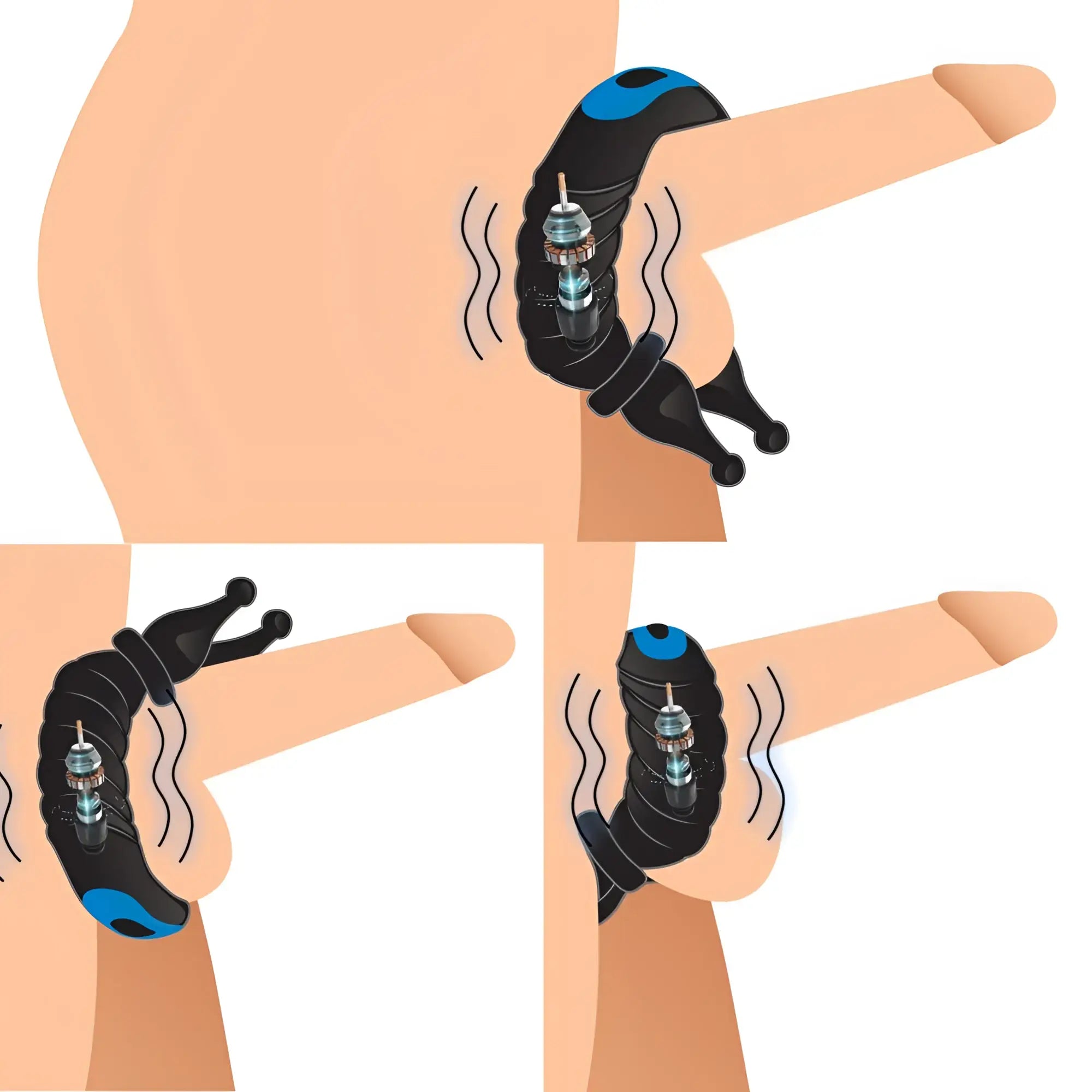 Trinity Men 10X Cobra black silicone cock ring with blue accents, showing three vibration modes for dual stimulation.