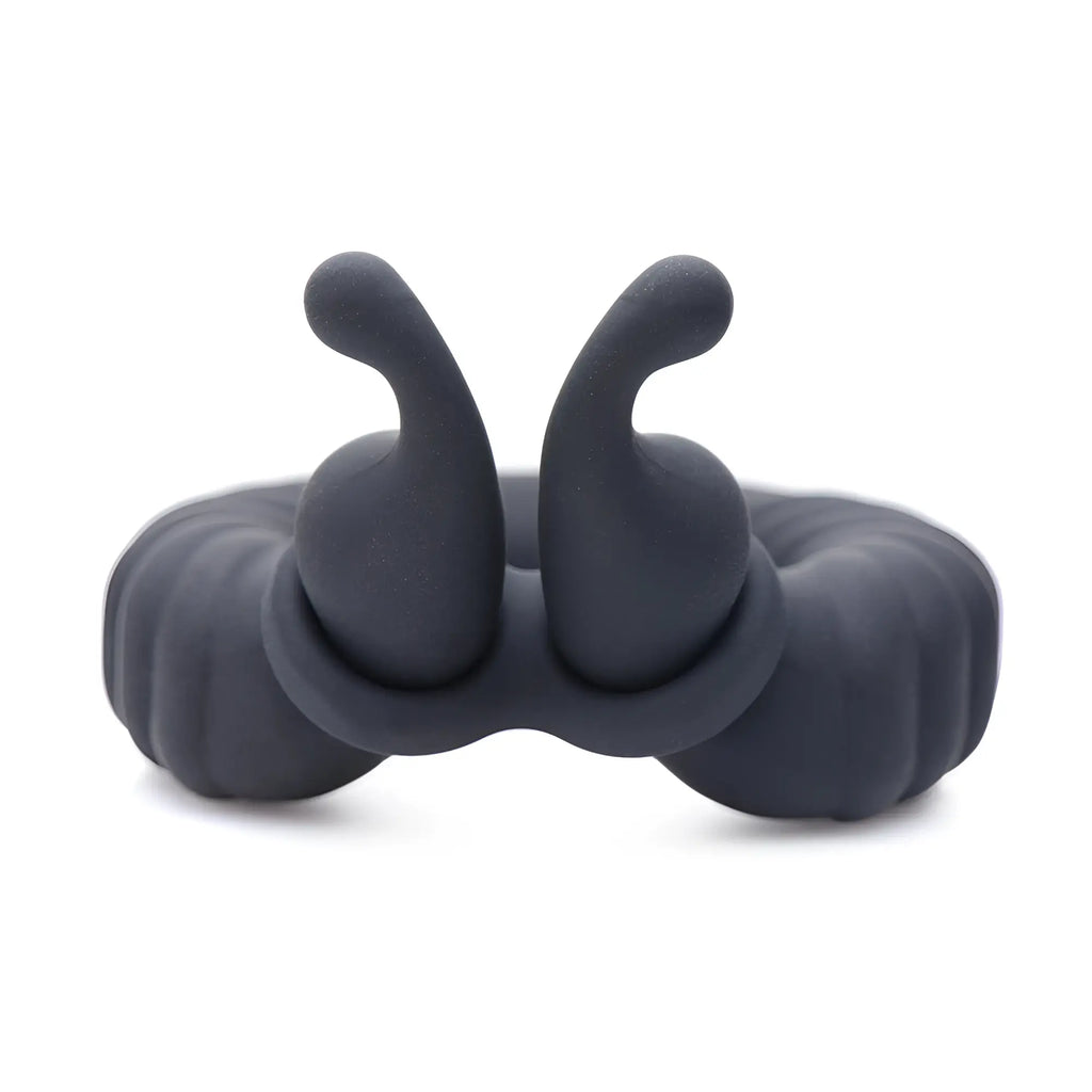Trinity Men 10X Cobra charcoal-colored silicone cock ring with a ribbed band and two upright dual-stimulation prongs.