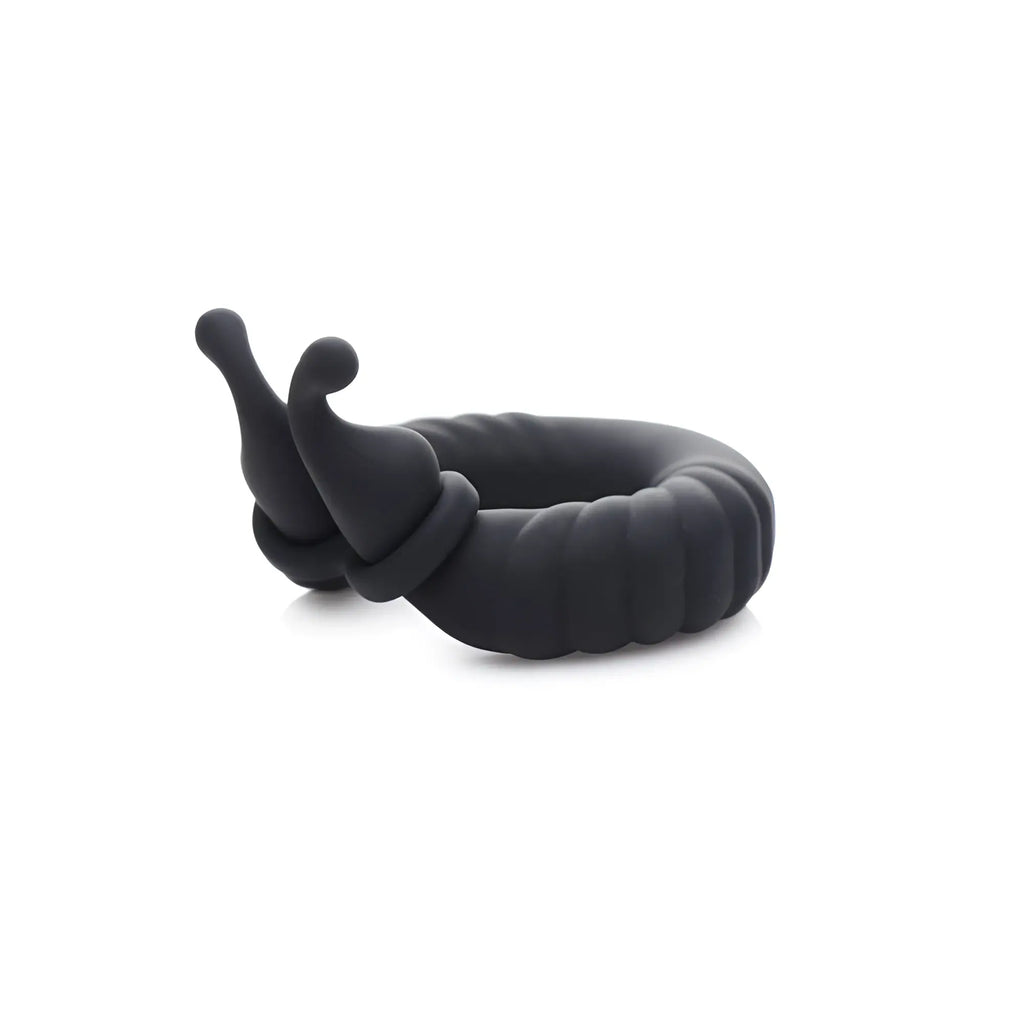 Trinity Men 10X Cobra silicone cock ring in matte black, featuring a textured, segmented design with two stimulators.