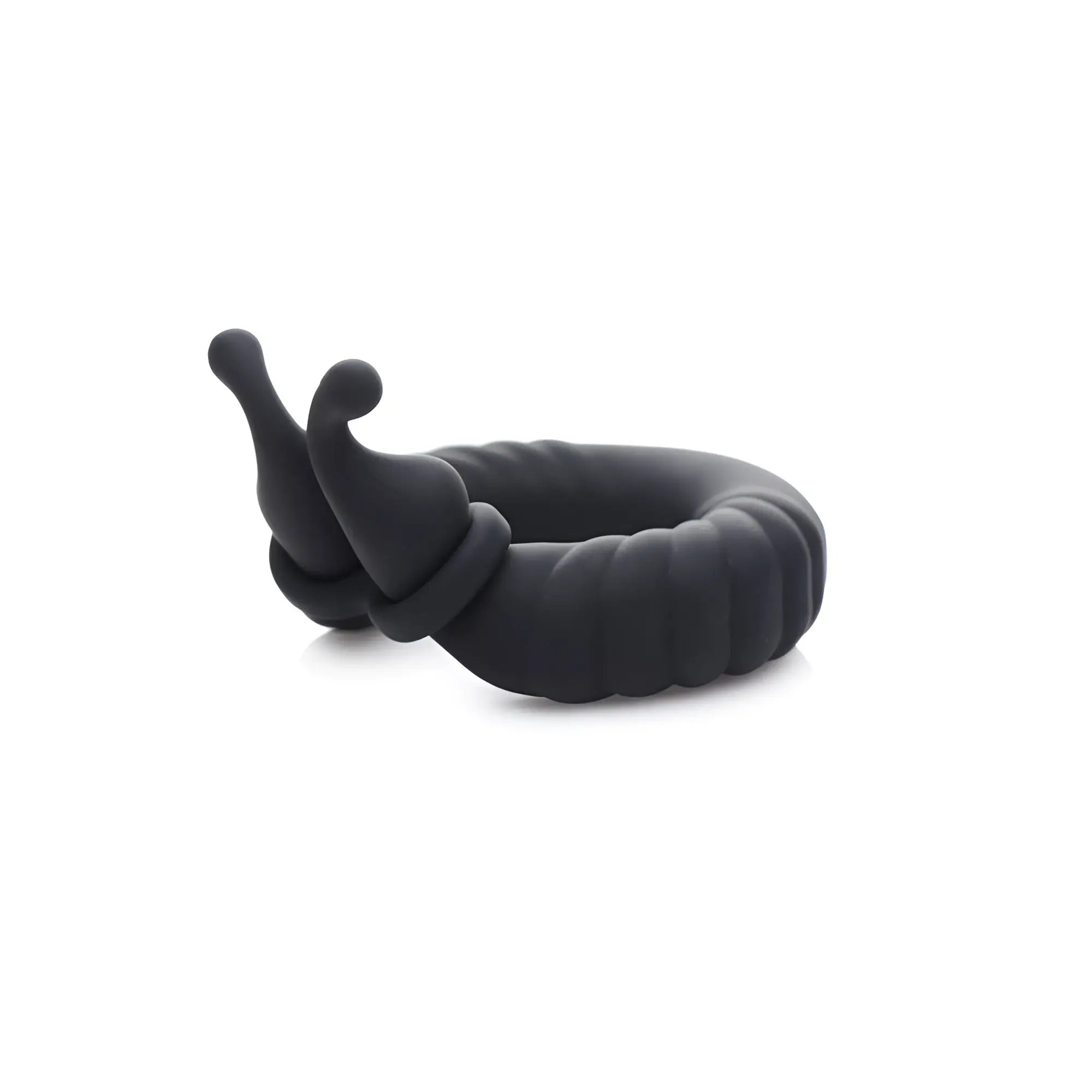 Trinity Men 10X Cobra silicone cock ring in matte black, featuring a textured, segmented design with two stimulators.