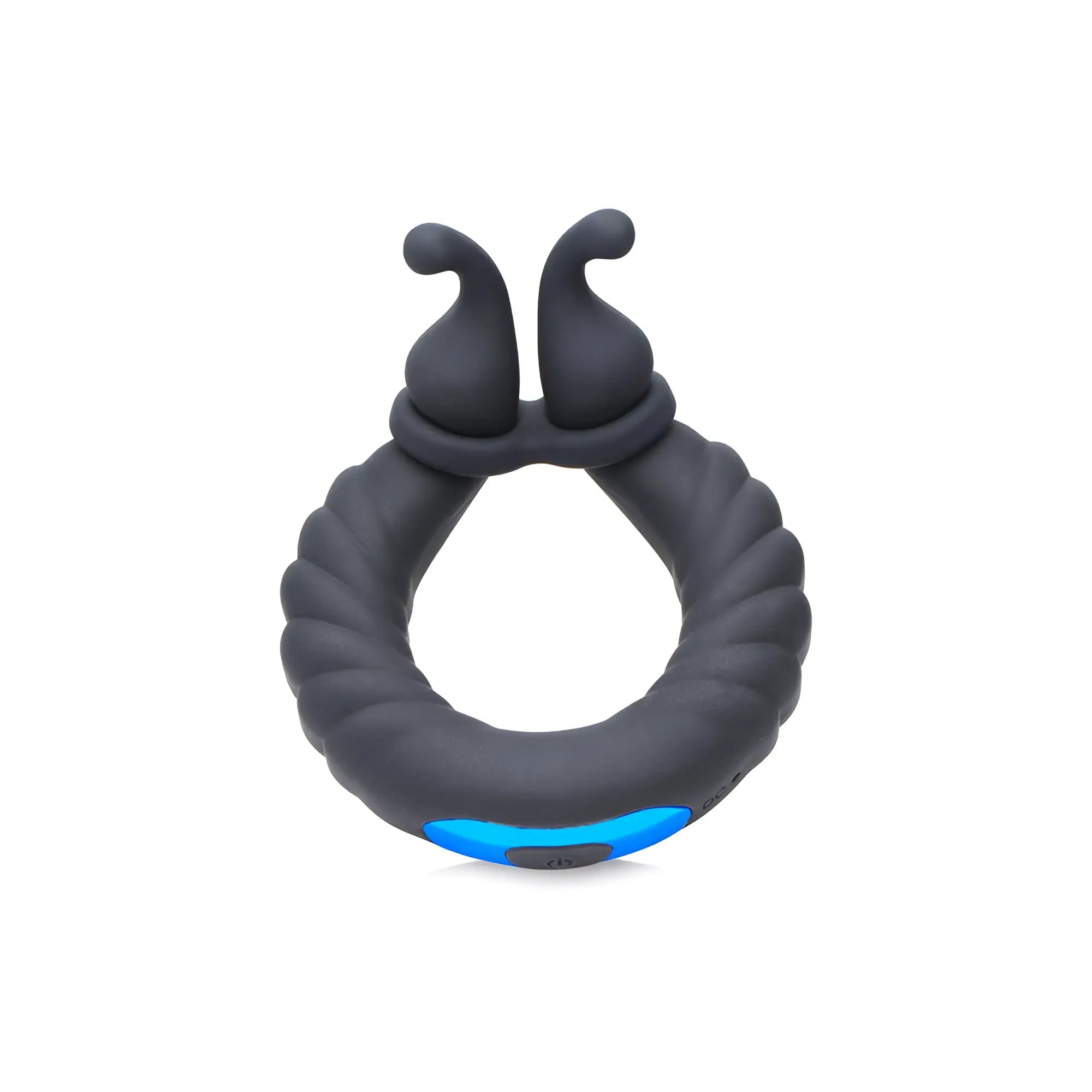 Trinity Men 10X Cobra silicone cock ring: a charcoal grey, ribbed, circular device with two top extensions and blue base.