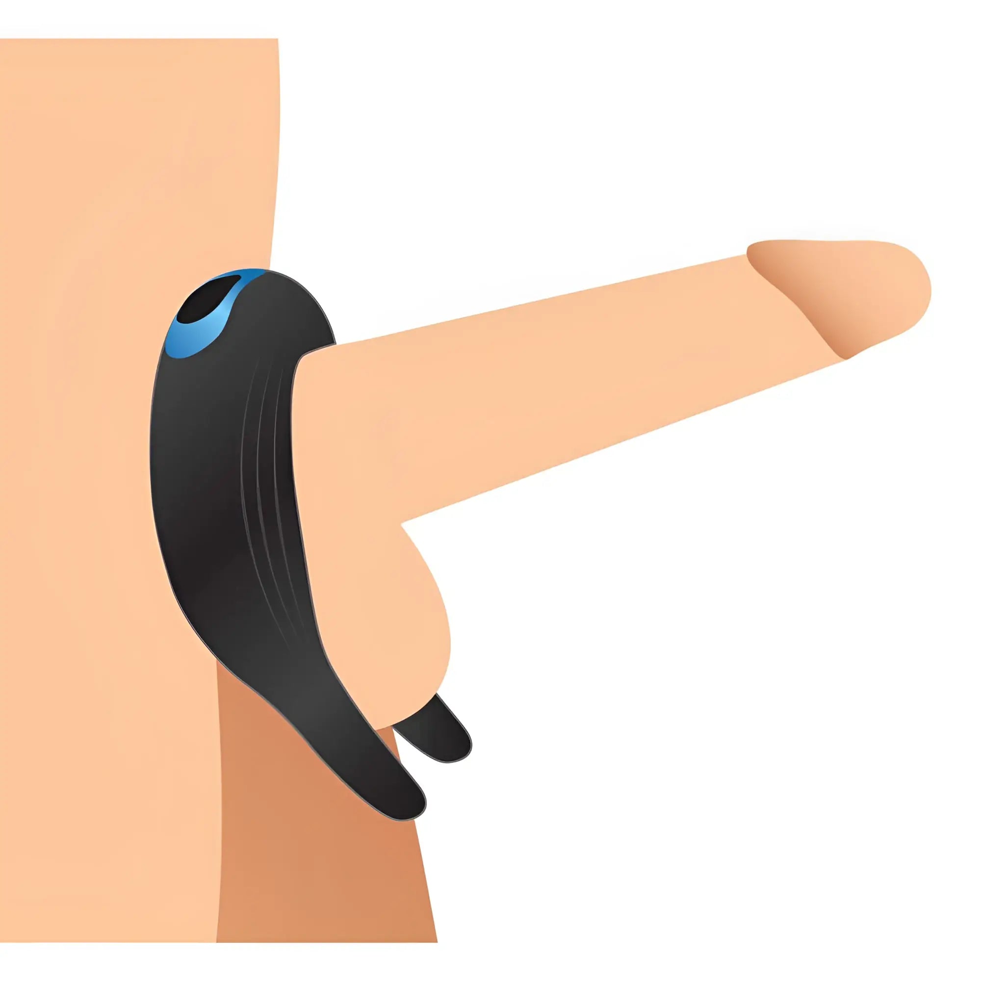 Trinity Men 10X Dual Stim silicone cock ring in black with blue accents, shown in use on an anatomical illustration.