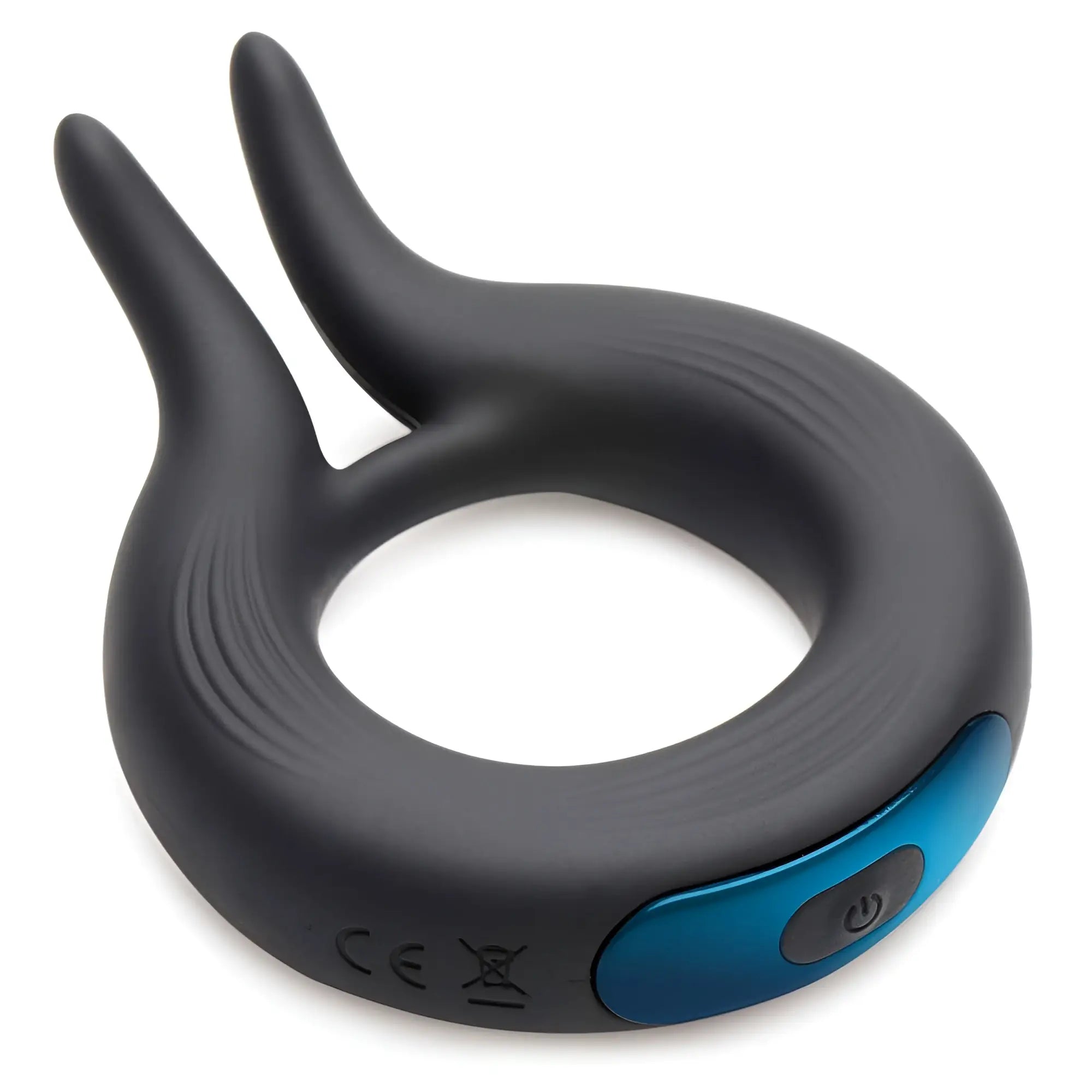 Trinity Men 10X Dual Stim black silicone cock ring with two stimulators and a blue power button on a white background.