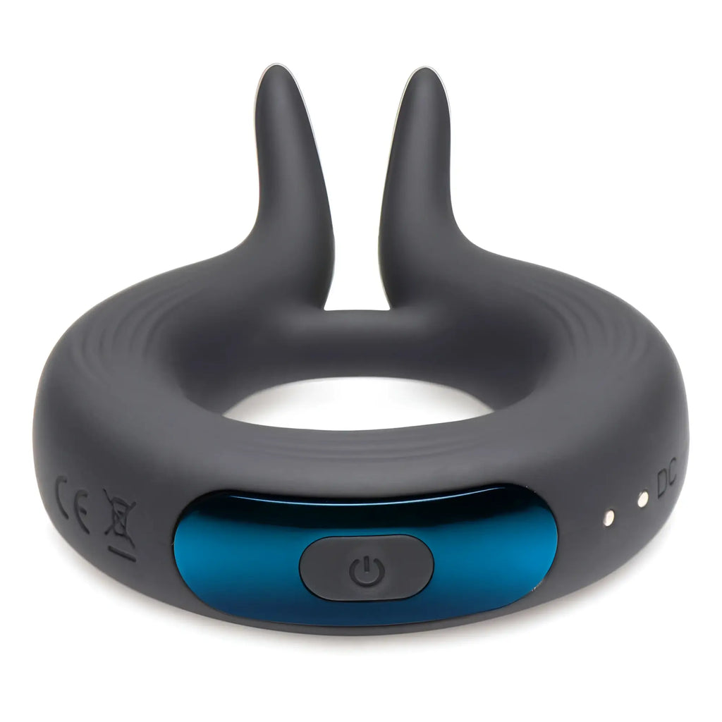 Trinity Men 10X Dual Stim Silicone Cock Ring: A grey, dual-pronged silicone ring with a metallic blue power button.