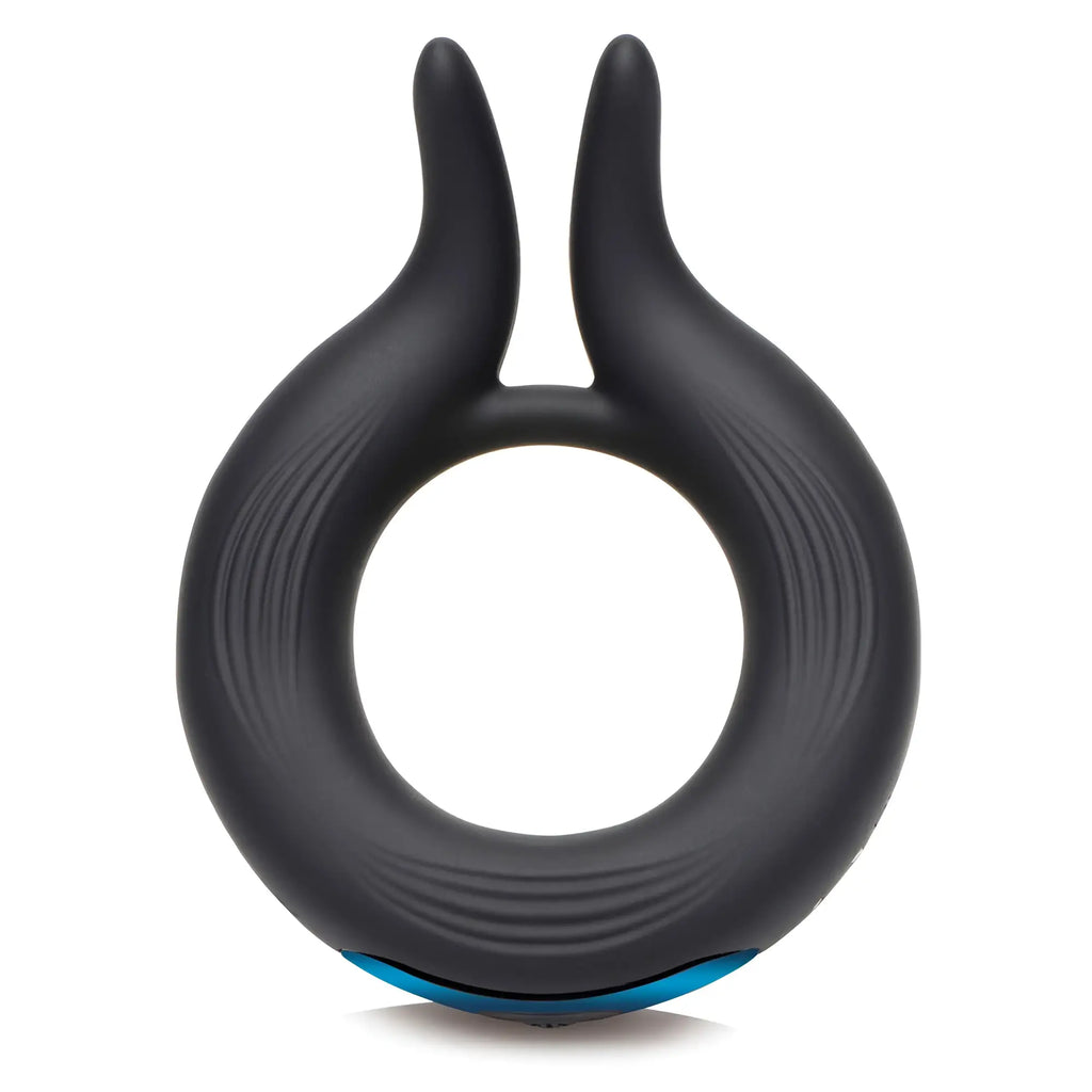 Trinity Men 10X Dual Stim silicone cock ring: a sleek, black circular ring with dual upright prongs and blue base.
