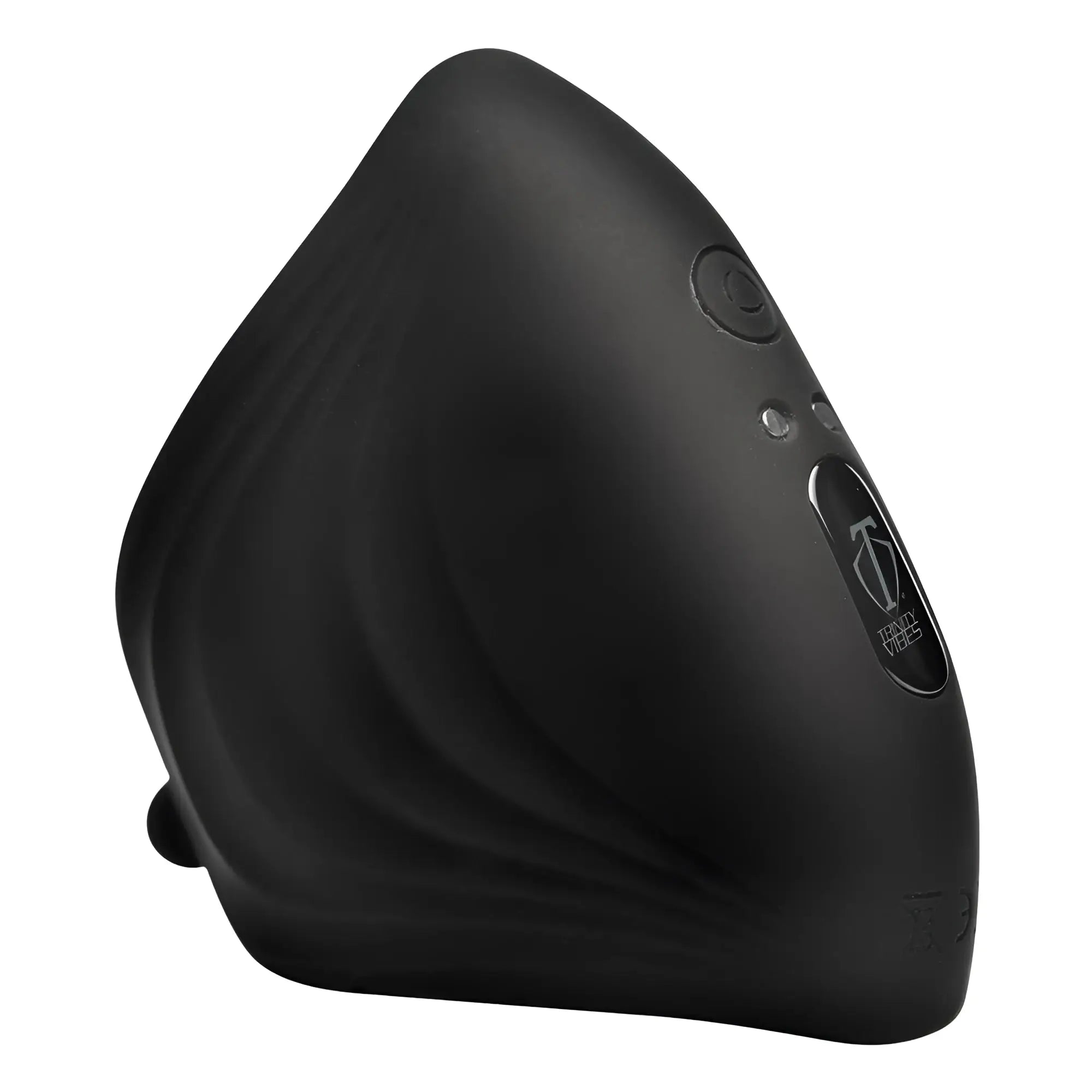Black, matte Trinity Men 10X Pleasure Stroke silicone sleeve with a curved, ribbed body and branded control panel.