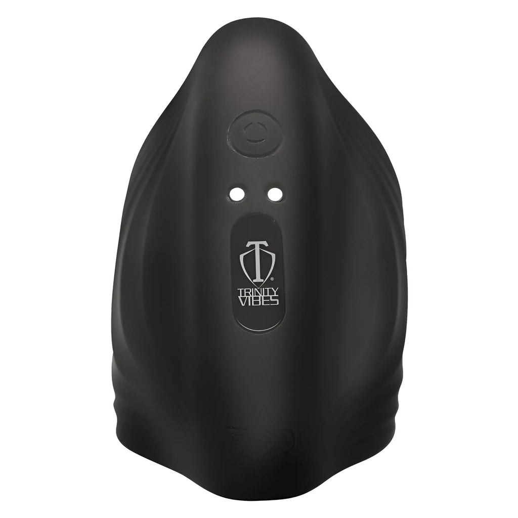 Trinity Men 10X Pleasure Stroke: A black, ergonomic silicone vibrating sleeve with a center logo and control button.