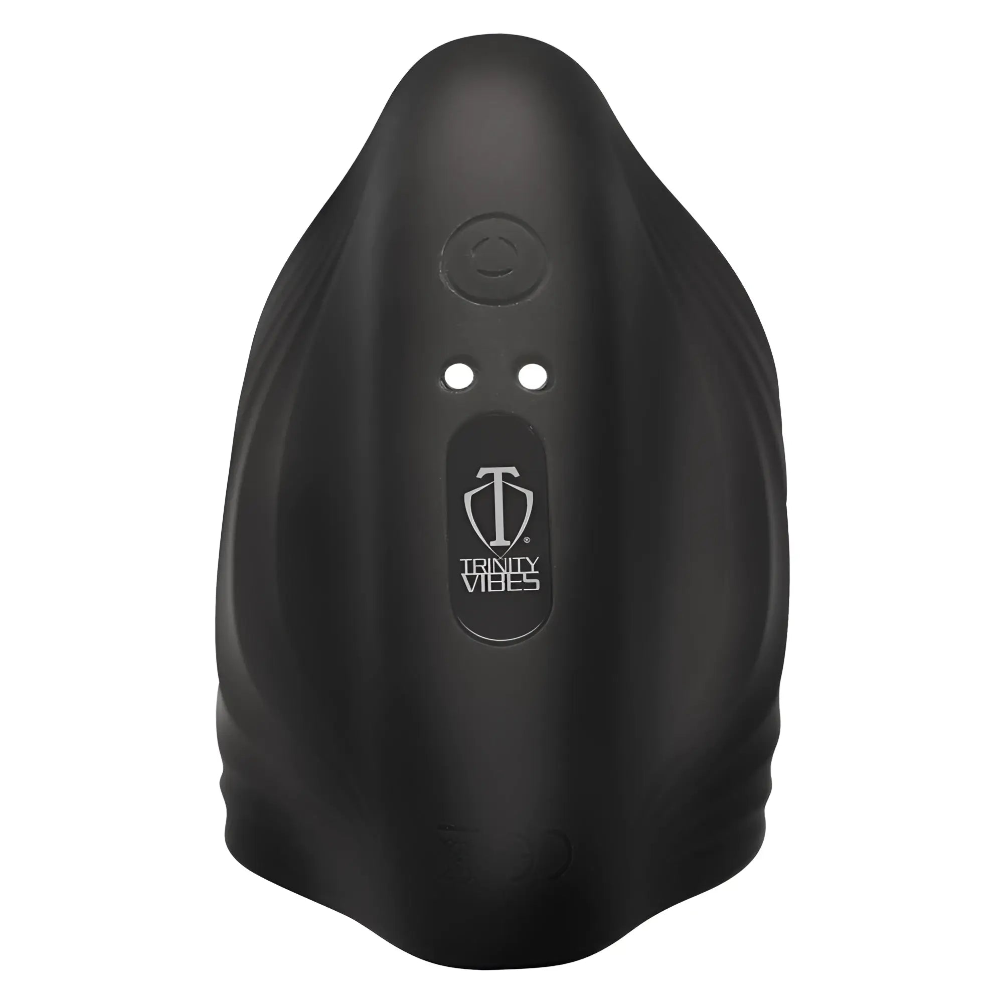 Trinity Men 10X Pleasure Stroke: A black, ergonomic silicone vibrating sleeve with a center logo and control button.